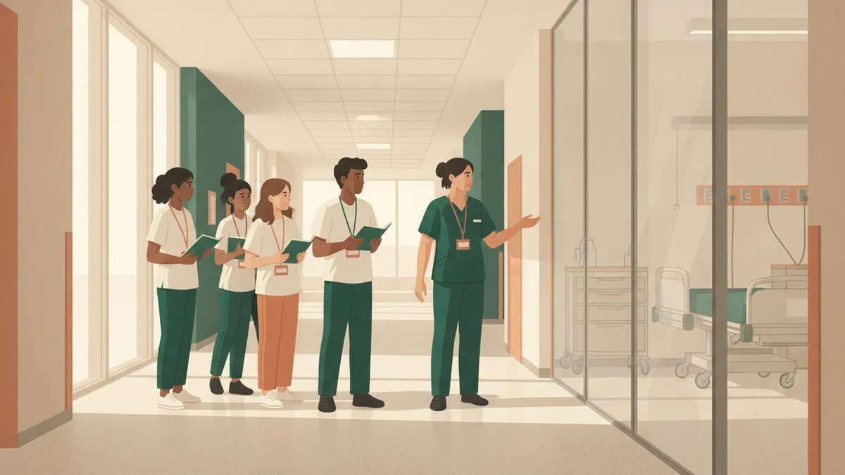 Illustration : dans un couloir d'hôpital lumineux, un petit groupe d'étudiants avec des carnets suit une infirmière en tenue verte qui leur montre les lieux.