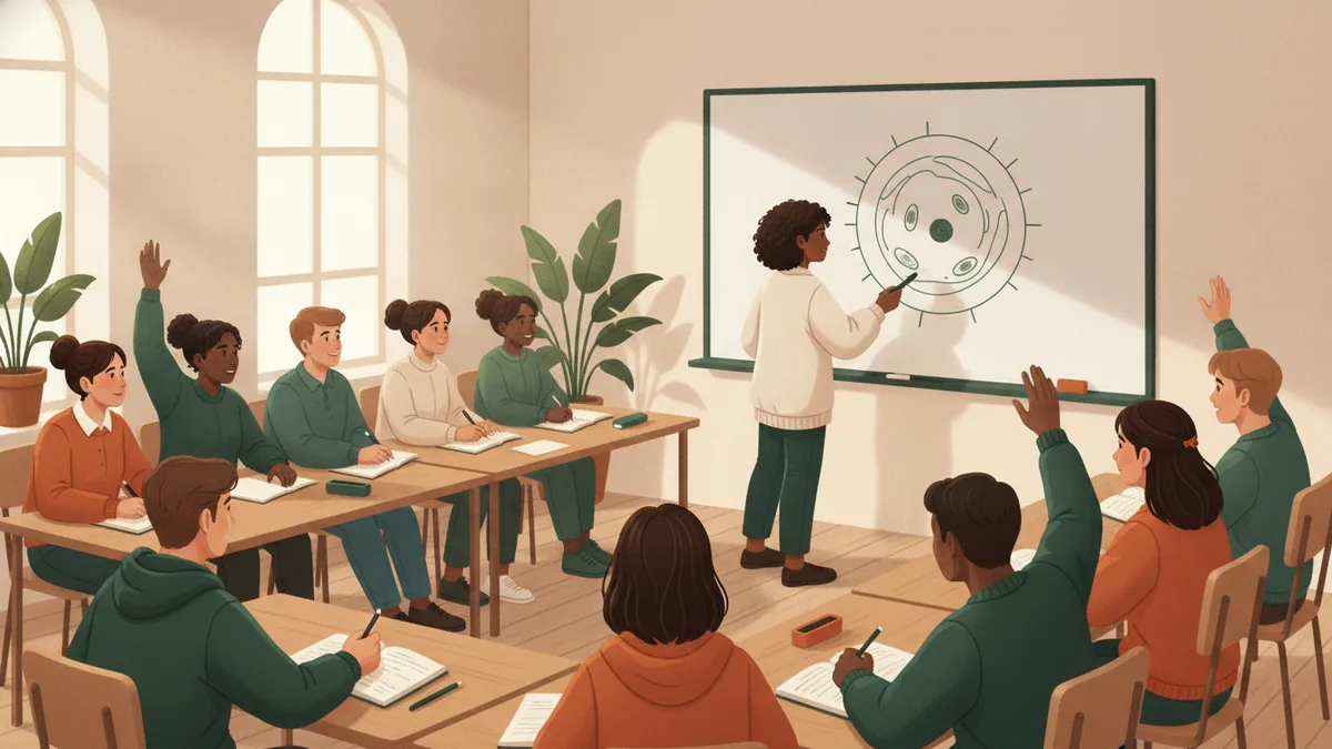 Illustration : une quinzaine d'étudiants autour de tables dans une salle claire ; une enseignante dessine une cellule au tableau, plusieurs lèvent la main.