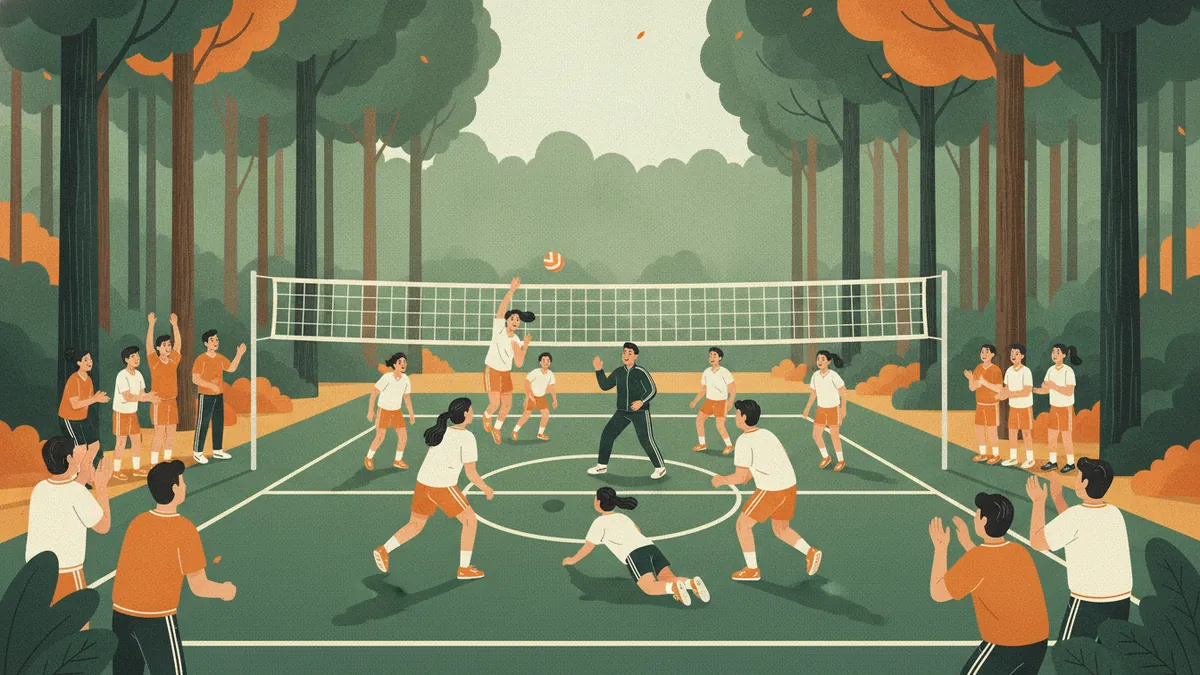 Illustration : un tournoi de volley en plein air sur un terrain entouré de grands arbres ; des étudiants jouent, d'autres encouragent sur le bord, un professeur en survêtement joue avec une équipe.