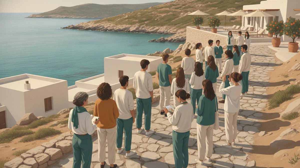 Illustration : un groupe d'une vingtaine d'étudiants et leur enseignante sur un chemin de pierre au-dessus d'une baie turquoise, devant des maisons blanches ; l'un prend des notes, un autre photographie une terrasse d'hôtel.