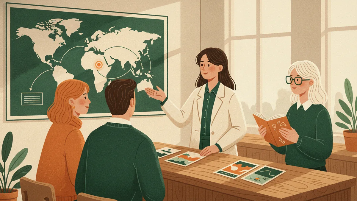 Illustration : une étudiante en blazer, derrière un comptoir, conseille un couple de touristes en montrant une grande carte du monde au mur ; une enseignante observe, un carnet à la main.