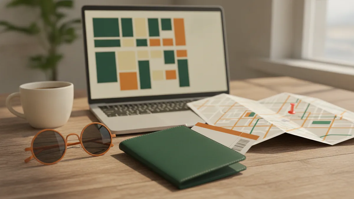 Illustration : sur un bureau en bois, un passeport vert, un billet, un ordinateur portable affichant un plan de sièges en blocs de couleur, une carte de ville dépliée avec une punaise rouge, des lunettes de soleil et un café.