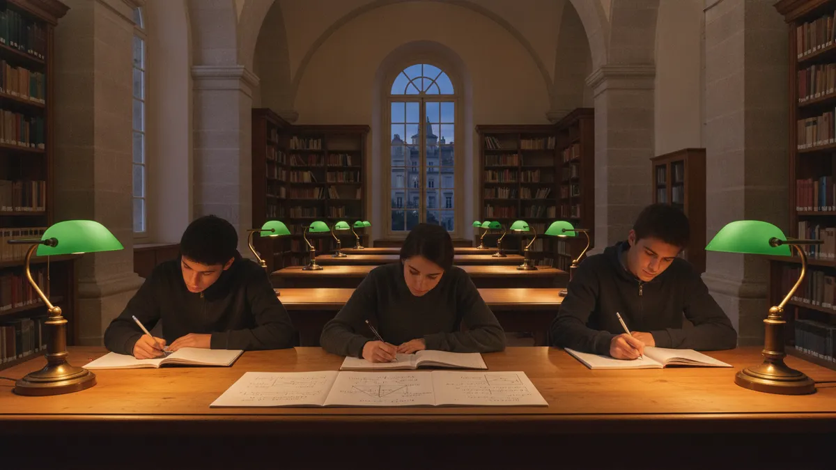 Illustration : trois étudiants travaillent le soir à une longue table en bois, dans une bibliothèque ancienne aux arcades de pierre, éclairée par des lampes à abat-jour vert.