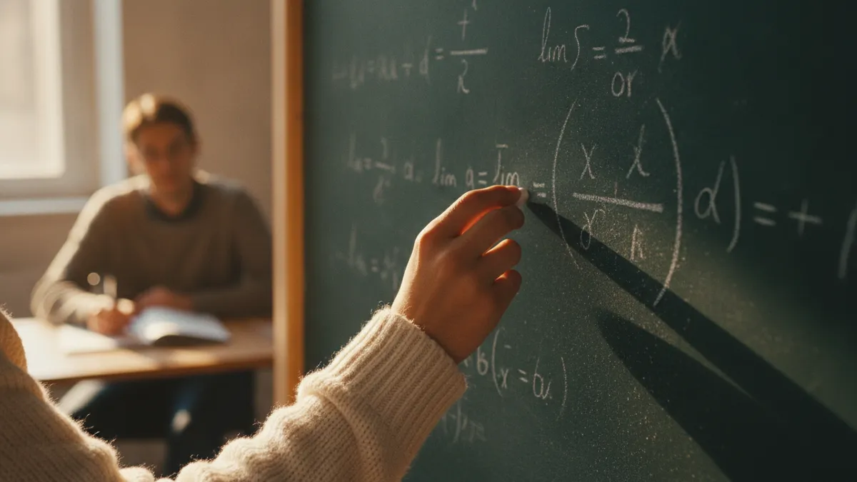 Illustration : gros plan sur la main d'un étudiant qui écrit une démonstration à la craie sur un tableau vert ; en arrière-plan flou, un professeur assis prend des notes.
