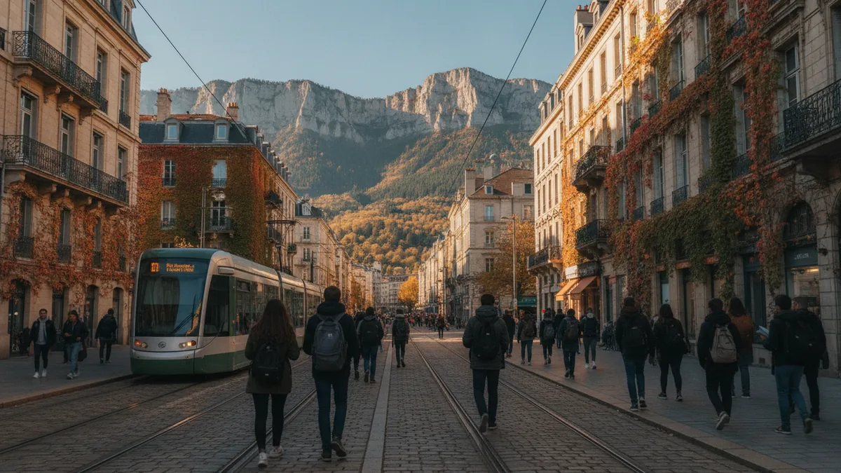 Illustration : une rue de Grenoble en automne, avec des immeubles de pierre, un tramway et des étudiants à sac à dos ; au fond, les falaises calcaires et les forêts des montagnes sous un ciel clair.