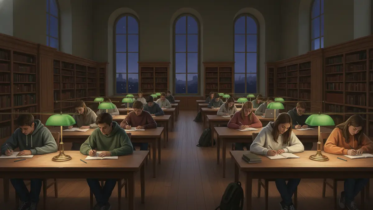 Illustration en plan large : une grande salle d'étude du XIXe siècle le soir, longues tables de bois éclairées par des lampes vertes, une vingtaine d'étudiants penchés sur leurs exercices, hautes fenêtres sur un ciel bleu nuit et étagères de livres.