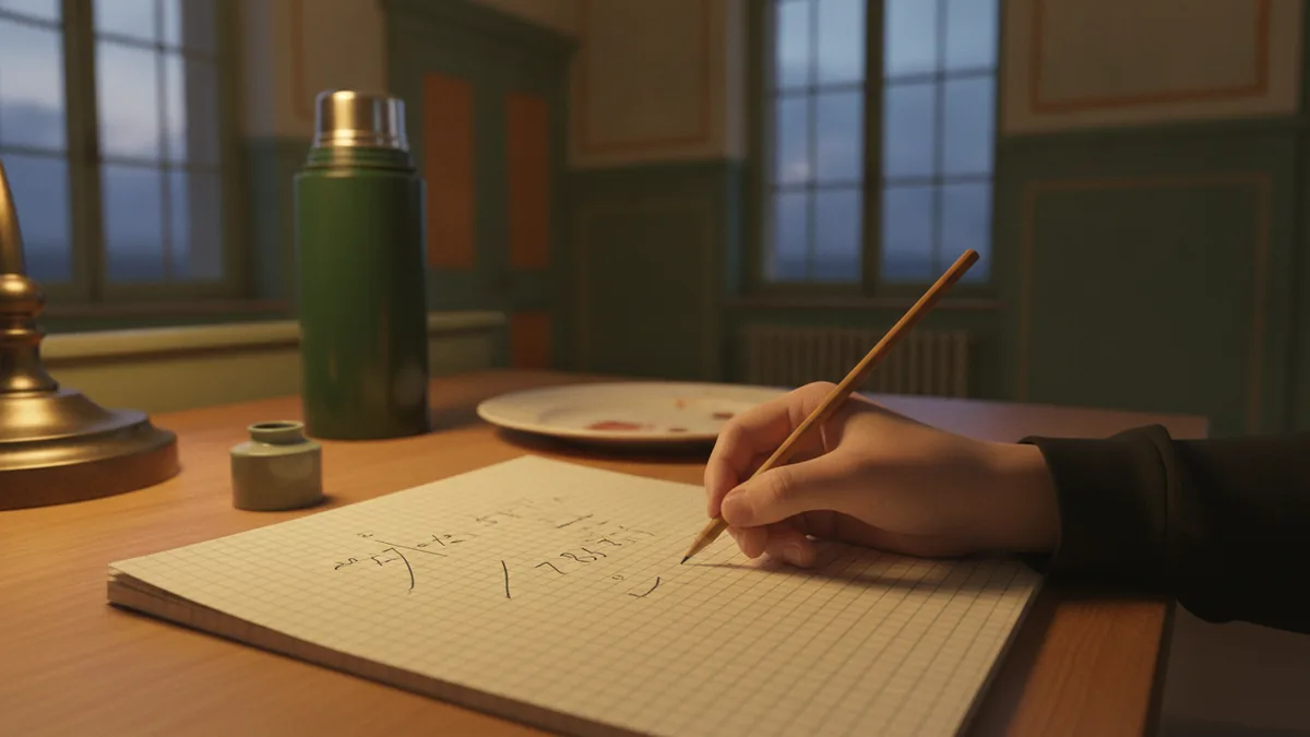 Illustration : gros plan sur une main qui écrit au crayon dans un cahier à petits carreaux, sous une lampe de bureau, dans une salle de classe ancienne au crépuscule ; une bouteille isotherme et une assiette vide sont posées sur la table.