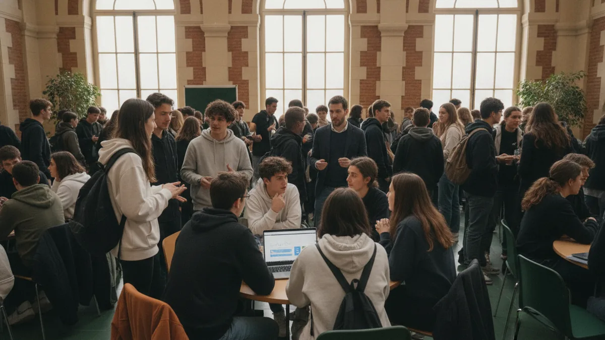 Illustration : une grande salle aux murs de brique et de pierre, avec de hautes fenêtres en arc ; des lycéens en sweat discutent autour de petites tables avec des étudiants un peu plus âgés, dont l'un montre quelque chose sur un ordinateur portable.