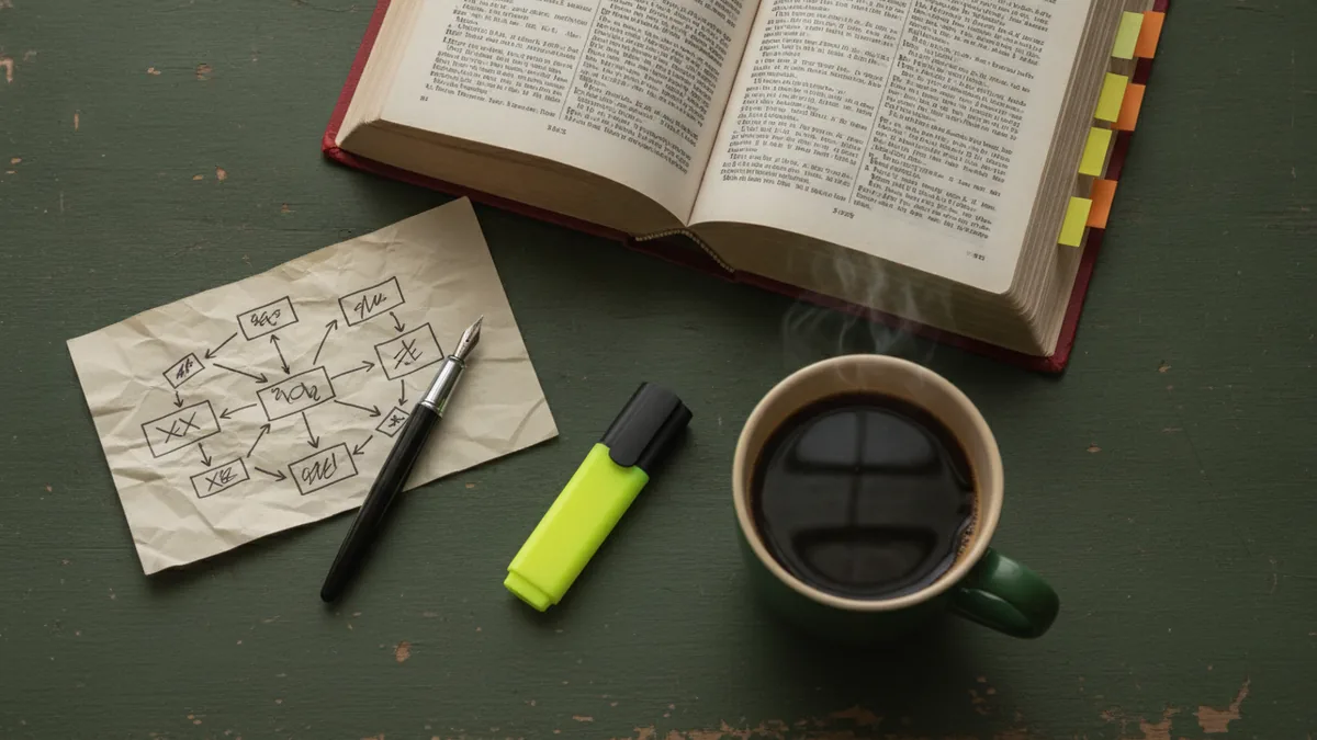 Illustration : vue de dessus d'un bureau d'étudiant, avec un épais code rouge ouvert hérissé de marque-pages, une fiche couverte de flèches et de cases, un stylo-plume, un surligneur et une tasse de café.