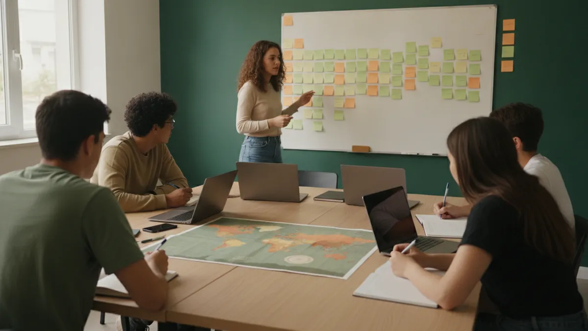 Illustration : cinq étudiants autour d'une table dans une salle claire ; une étudiante debout présente un tableau couvert de notes adhésives, les autres prennent des notes devant leurs ordinateurs, une carte du monde est étalée sur la table.