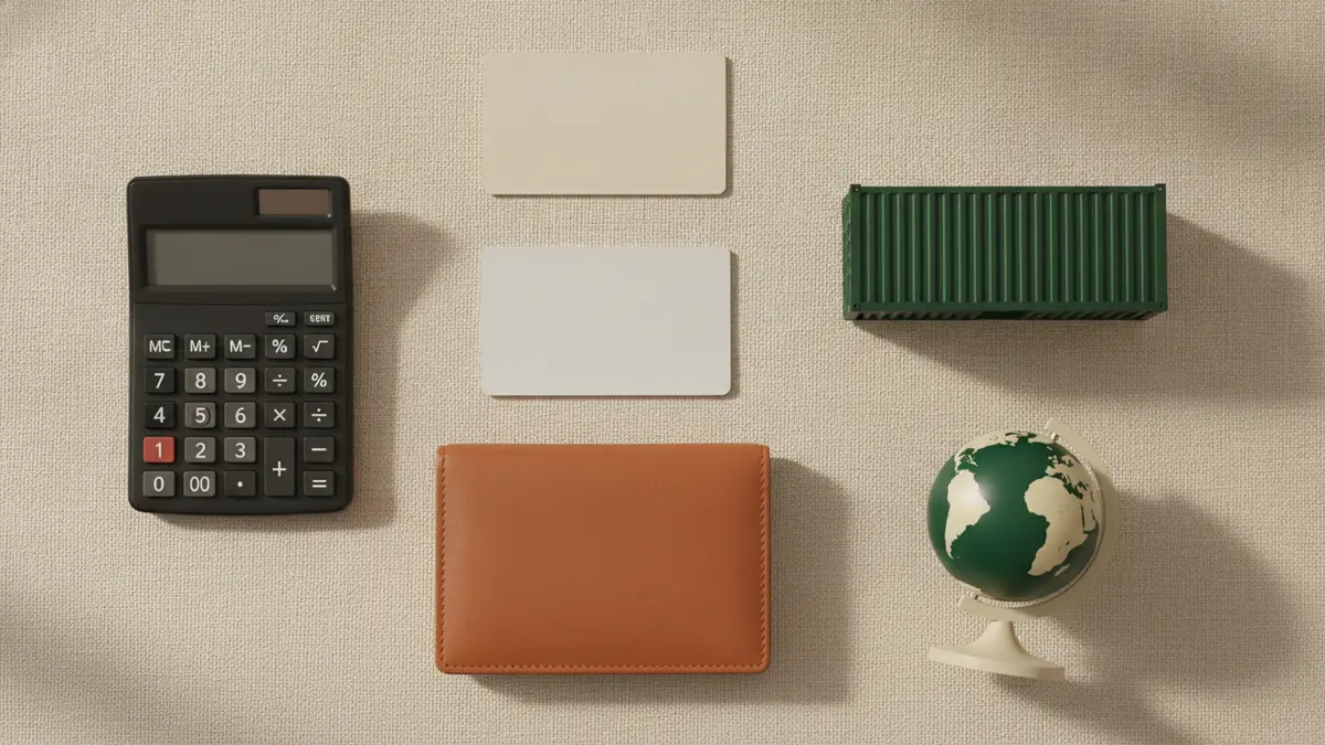Illustration : vue de dessus d'objets posés sur un bureau clair, une calculatrice, deux cartes vierges, un portefeuille de voyage orange, une maquette de conteneur maritime verte et un petit globe.