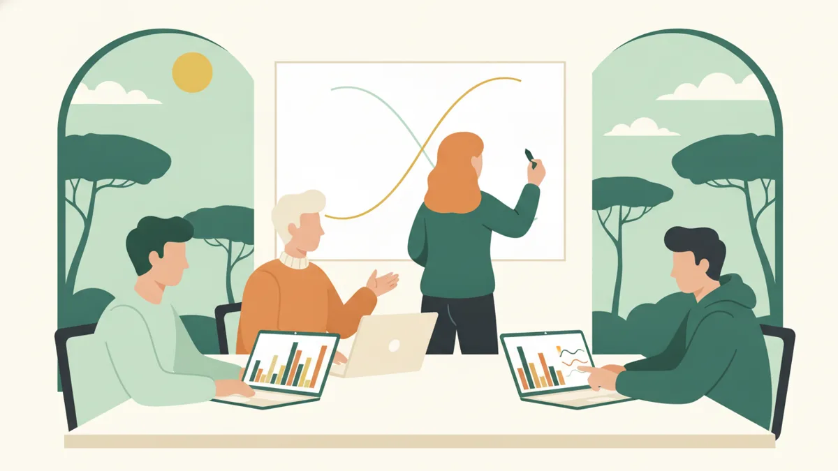 Illustration : quatre étudiants travaillent en groupe autour d'ordinateurs affichant des graphiques, pendant qu'une étudiante trace deux courbes qui se croisent au tableau, devant des pins parasols.