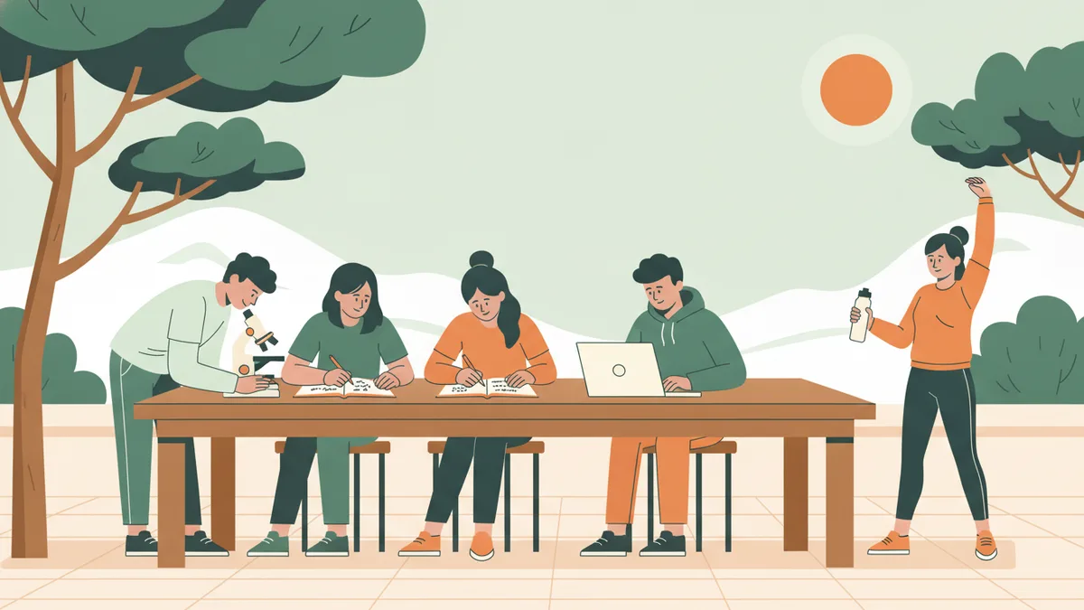 Sur une terrasse ombragée de pins, des étudiants travaillent à une longue table : l'une regarde dans un microscope, deux résolvent un exercice de maths, un autre code sur son ordinateur, pendant qu'une étudiante en tenue de sport s'étire à côté.