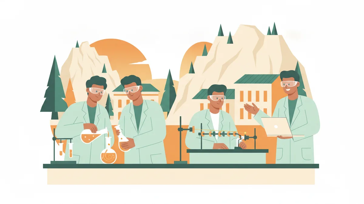 Illustration : des étudiants en blouse et lunettes de protection mènent une expérience de chimie et règlent un banc d'optique laser, devant des collines calcaires et des pins.