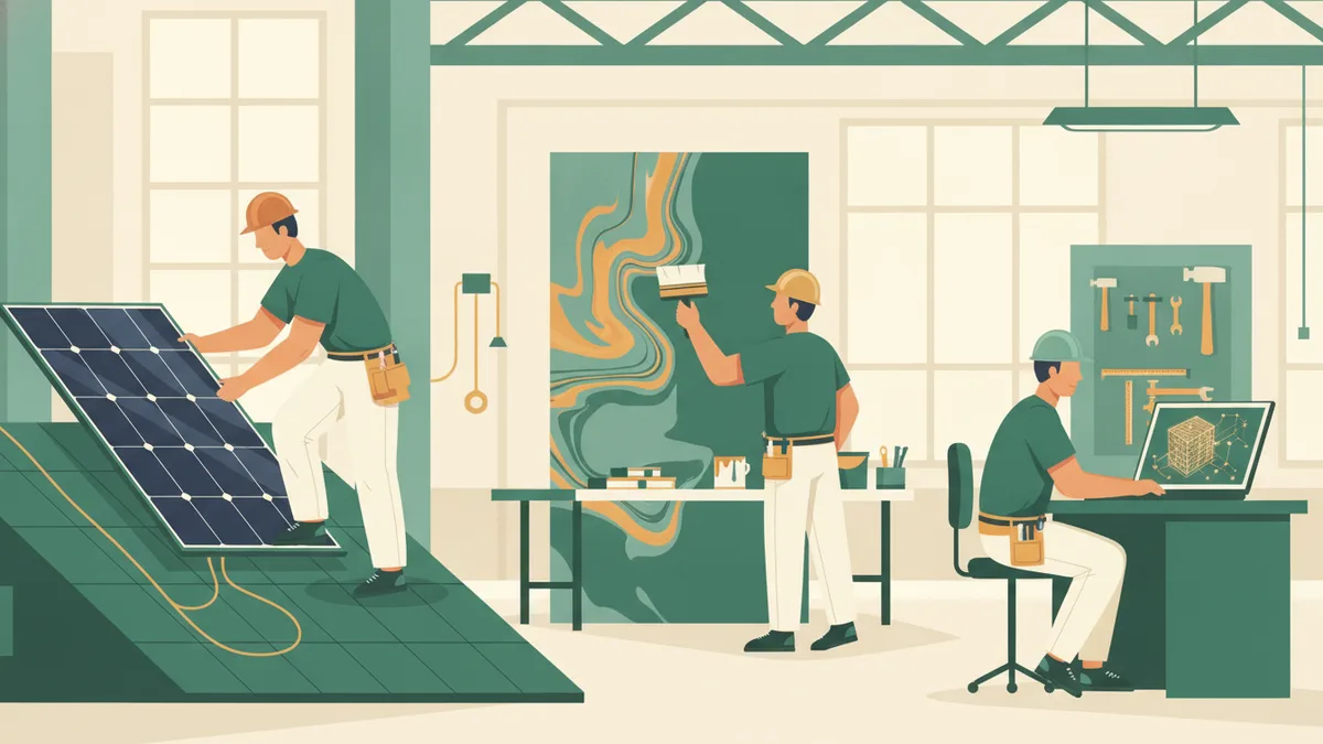 Illustration : dans un atelier lumineux, un apprenti pose un panneau solaire sur une maquette de toit, un autre peint un décor en faux marbre, un troisième étudie une maquette numérique de bâtiment sur ordinateur.