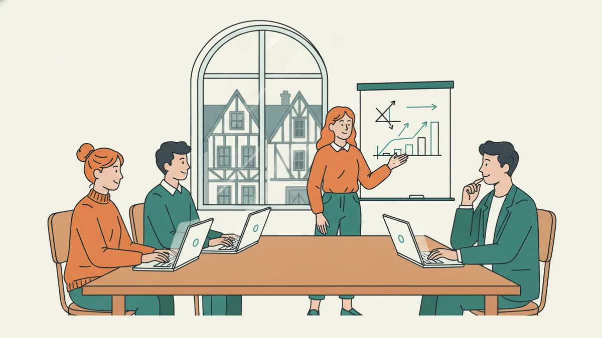 Illustration : quatre étudiants autour d'une table avec leurs ordinateurs, l'une présente un plan de vente au tableau, devant une fenêtre donnant sur des maisons à colombages.
