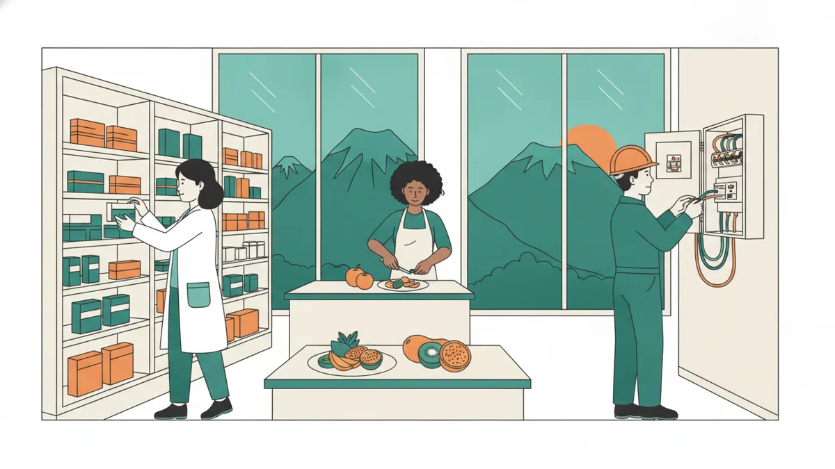 Illustration : une apprentie en blouse range des boîtes de médicaments, une apprentie prépare une assiette de fruits tropicaux et un apprenti câble un tableau électrique, devant des montagnes vertes.