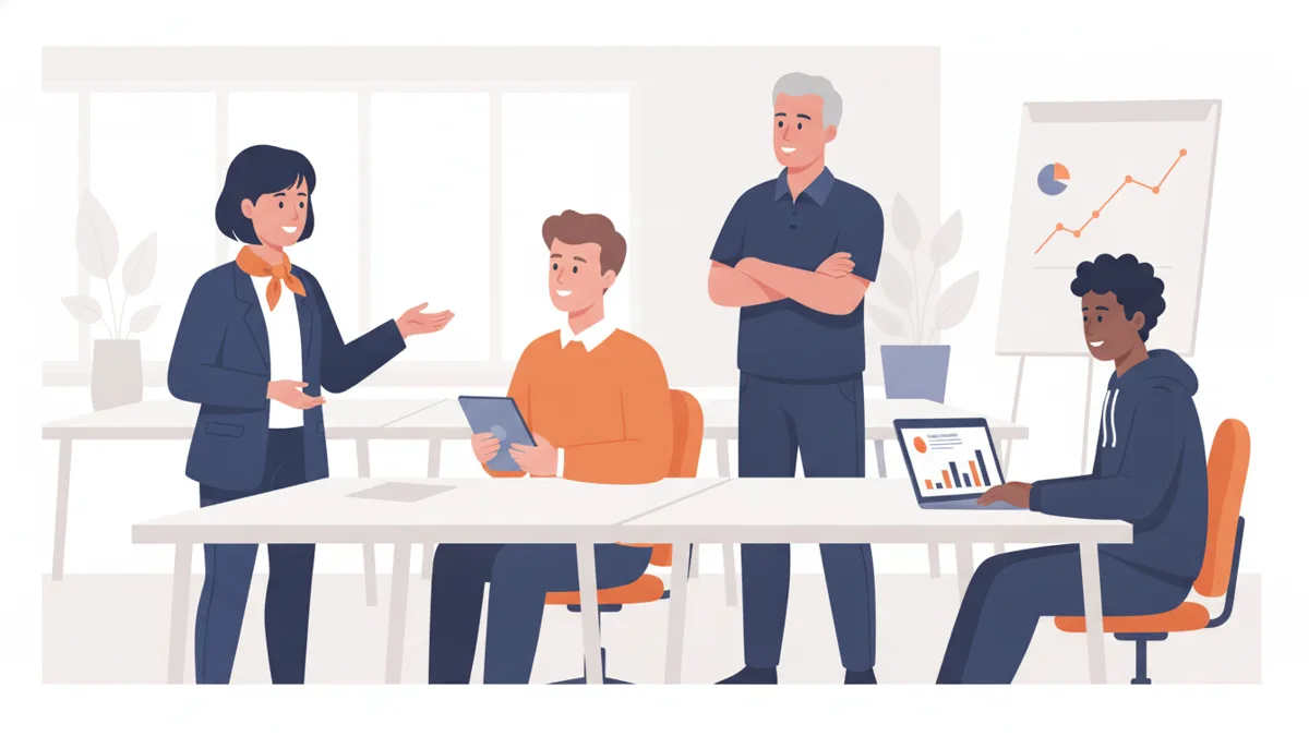 Illustration : dans une salle de cours lumineuse, une alternante s'entraîne à présenter une offre commerciale à un camarade qui joue le client, pendant qu'un autre suit des ventes sur son ordinateur sous le regard d'un formateur.