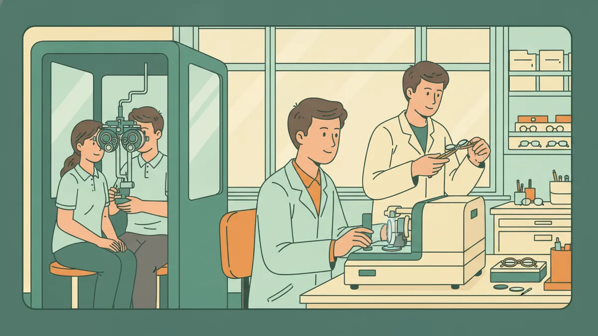 Illustration : dans un atelier d'optique, un étudiant taille un verre sur une meuleuse, un autre ajuste une monture, et deux camarades pratiquent un examen de vue au réfracteur dans une cabine.