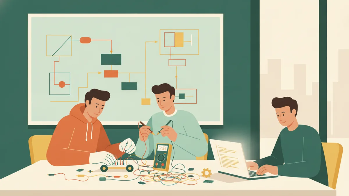 Illustration : trois étudiants en salle de projet montent un petit robot à roues, l'un mesure un circuit au multimètre, l'autre code sur un ordinateur portable, devant un tableau couvert de schémas.