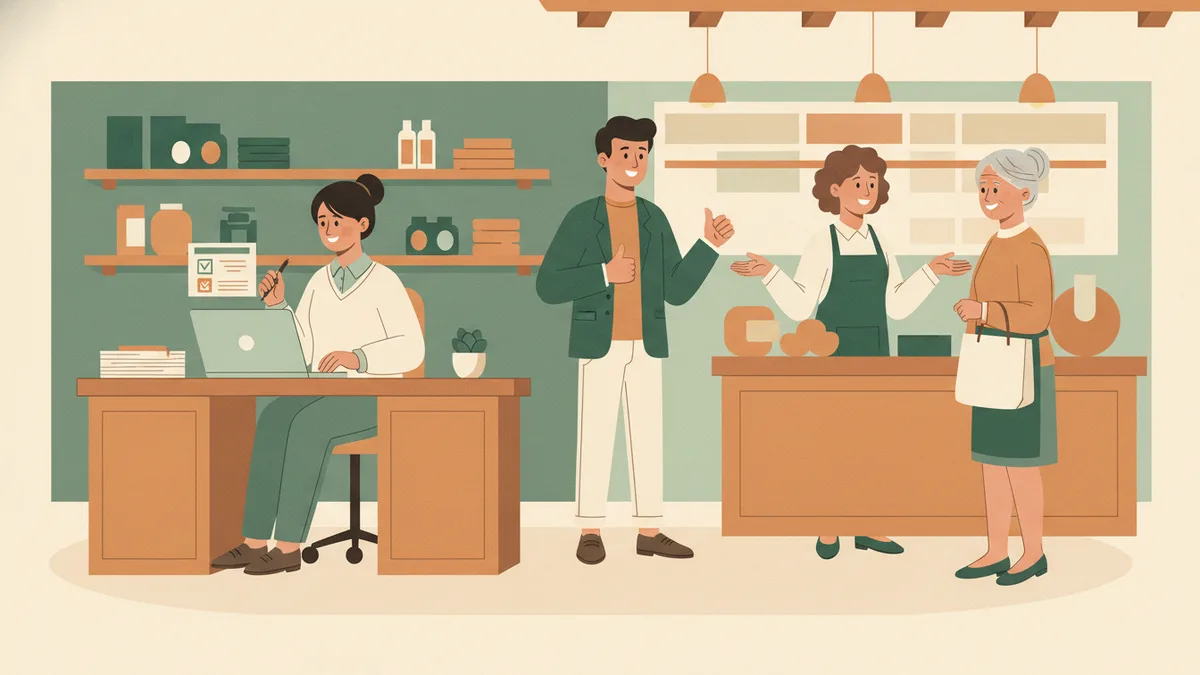 Illustration : dans une petite boutique, une apprentie prépare une commande sur ordinateur au bureau tandis qu'une autre conseille une cliente au comptoir, sous le regard encourageant de leur tuteur.