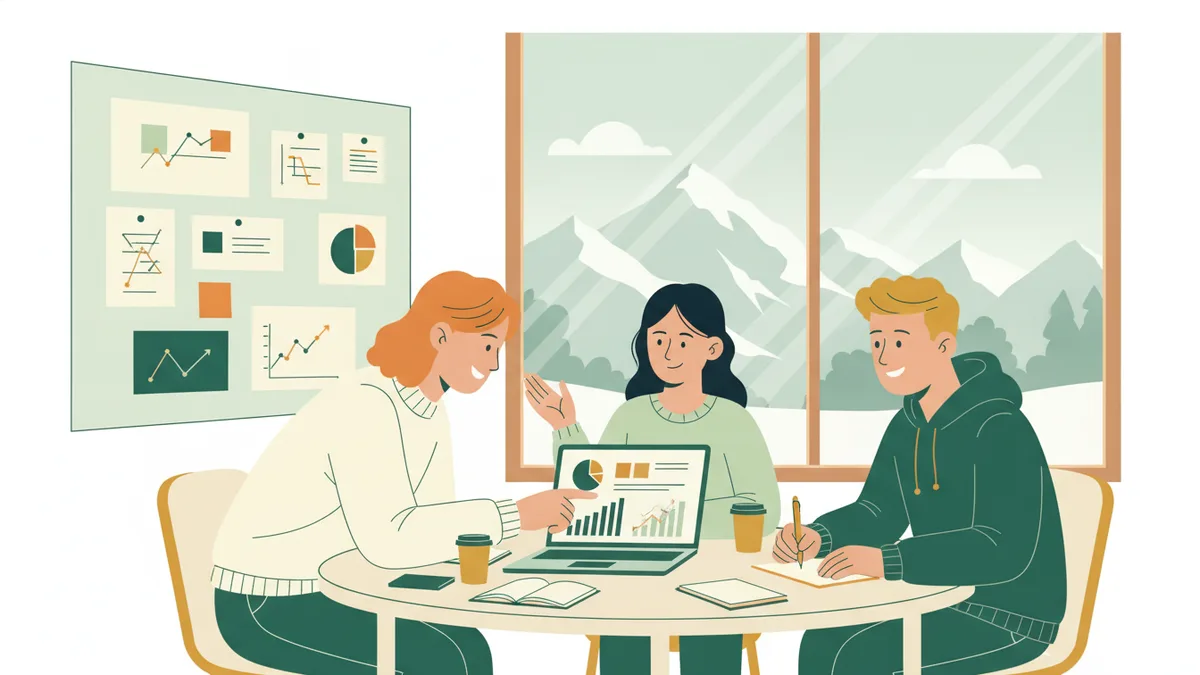 Illustration : trois étudiants en école de commerce travaillent autour d'un ordinateur portable affichant des graphiques, devant une baie vitrée ouverte sur des montagnes enneigées.