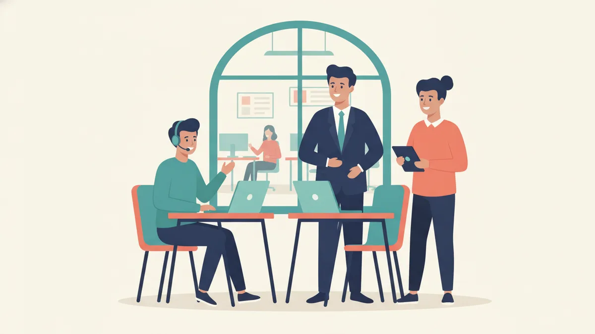 Illustration : un apprenti avec un casque s'entraîne à un appel client devant son ordinateur, une apprentie présente un dossier sur tablette à leur formateur.