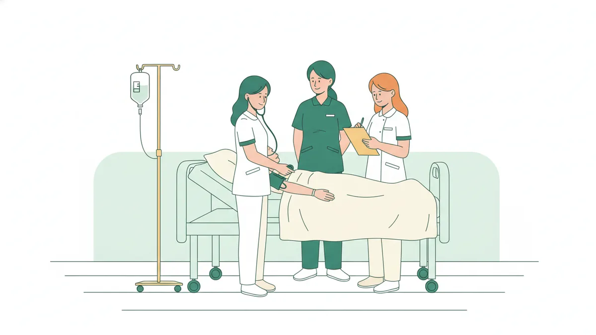 Illustration : deux étudiantes infirmières s'entraînent au chevet d'un mannequin de simulation, l'une prend la tension pendant que l'autre note sur un dossier, sous le regard d'une formatrice.