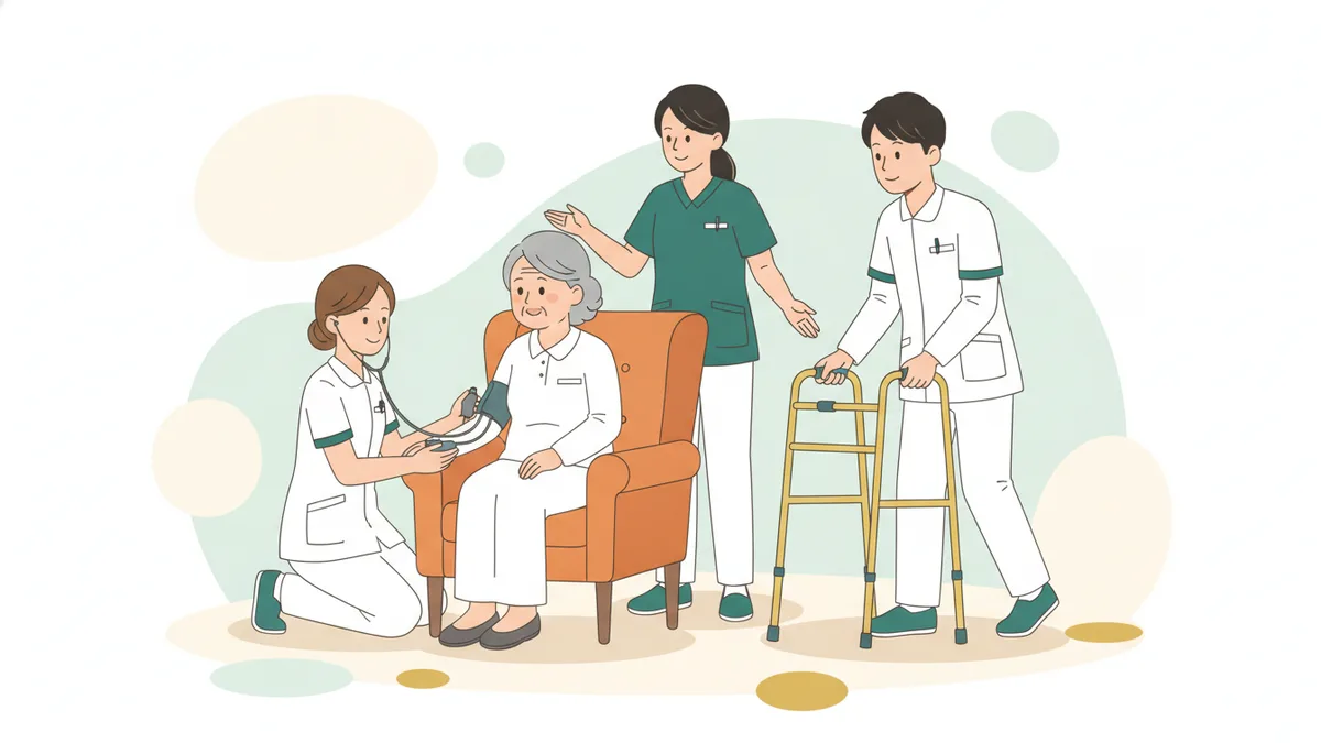 Illustration : une étudiante infirmière prend la tension d'une dame âgée dans son fauteuil, un étudiant aide un patient à marcher avec un déambulateur, sous le regard d'une formatrice.