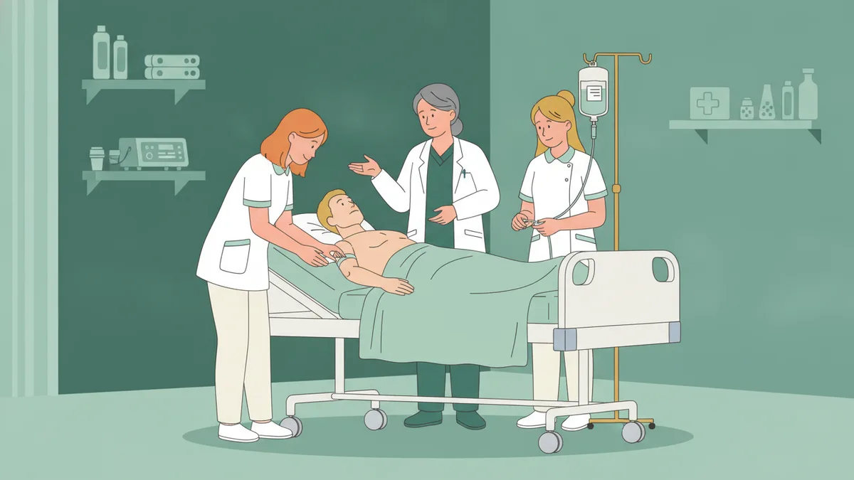 Illustration : deux étudiantes infirmières en tunique blanche s'occupent d'un patient alité, l'une prépare une perfusion, sous le regard d'une formatrice qui les conseille.