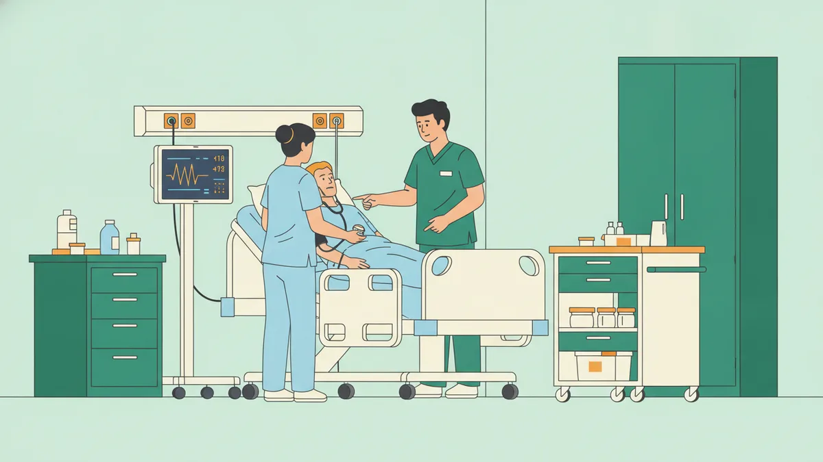 Illustration : une étudiante infirmière prend la tension d'un patient en chambre de simulation, sous le regard d'un formateur qui la guide.
