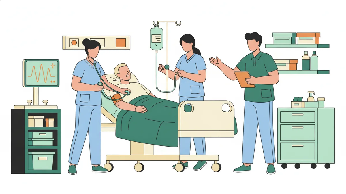 Illustration : des étudiants infirmiers en tenue bleue prennent la tension d'un patient alité et règlent une perfusion, sous le regard d'un formateur.