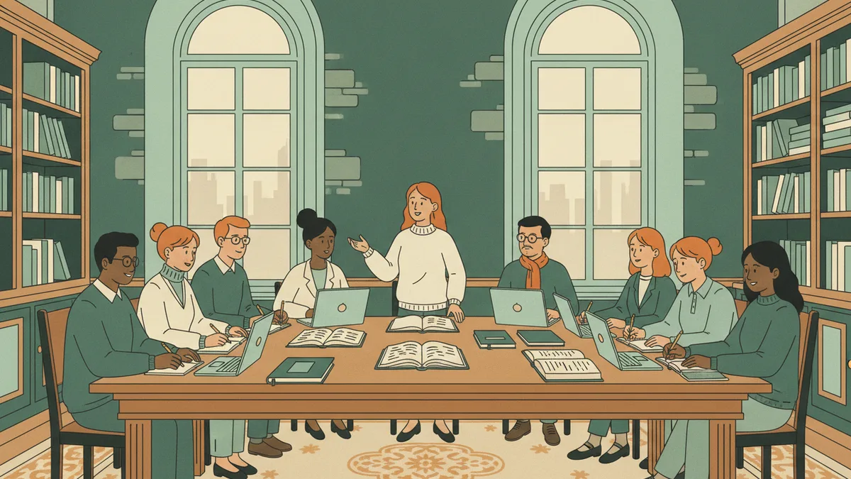 Illustration : une douzaine d'étudiants autour d'une grande table débattent avec une enseignante, dans une salle aux hautes fenêtres bordée de bibliothèques.