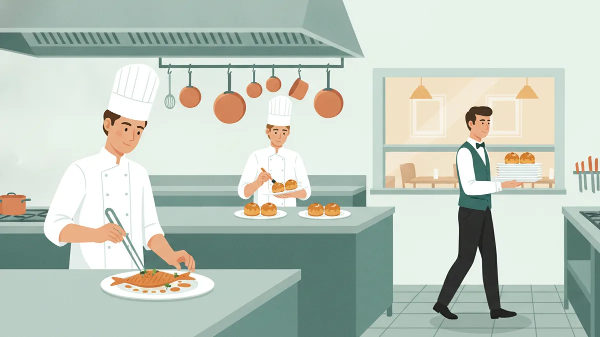 Illustration : dans une grande cuisine pédagogique, un étudiant en veste de chef dresse une assiette à la pince, un autre glace des pâtisseries, et un étudiant en tenue de salle emporte des assiettes vers le restaurant.