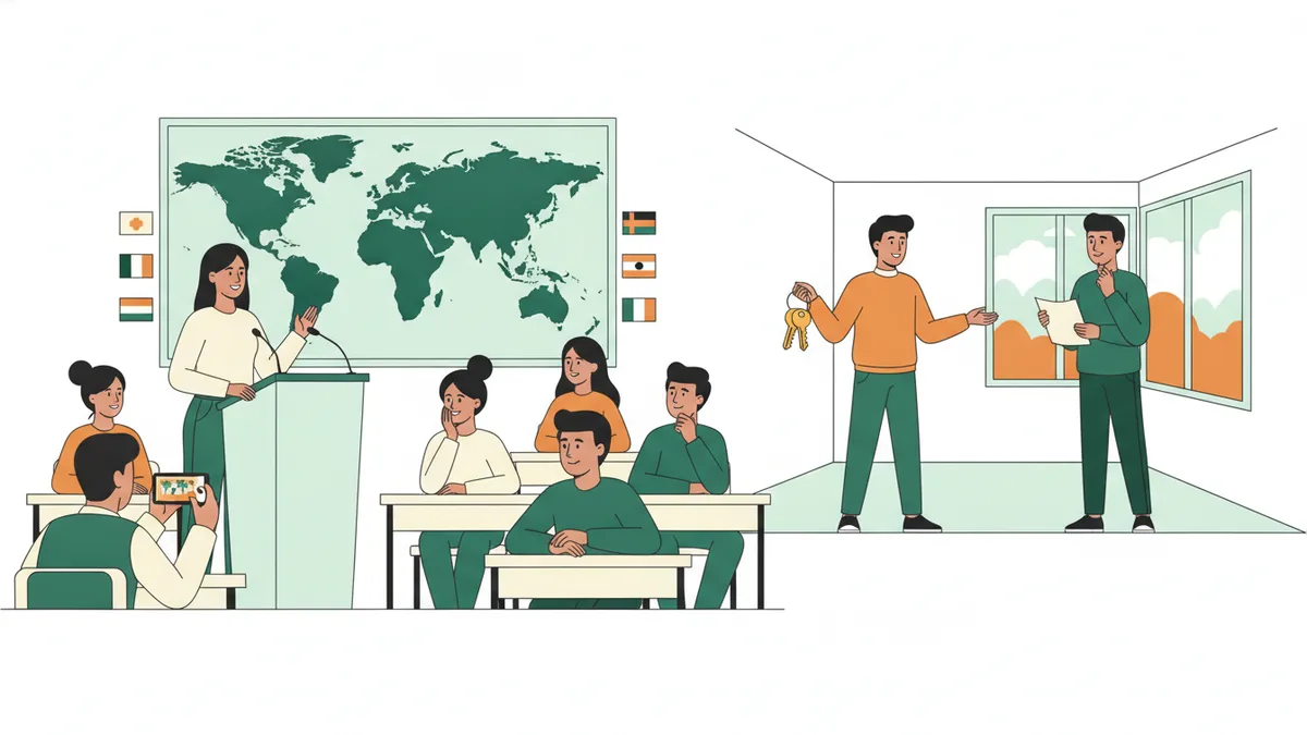 Illustration : à gauche, une étudiante prononce un discours au pupitre devant ses camarades, sous une carte du monde ; à droite, deux étudiants jouent la visite d'un appartement, l'un tend les clés, l'autre tient un plan.