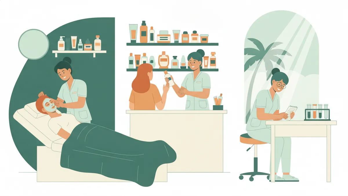 Illustration : dans un atelier d'esthétique baigné de lumière, une étudiante réalise un soin du visage, une autre conseille une cliente devant des étagères de produits, une troisième prend des notes près de tubes à essai.