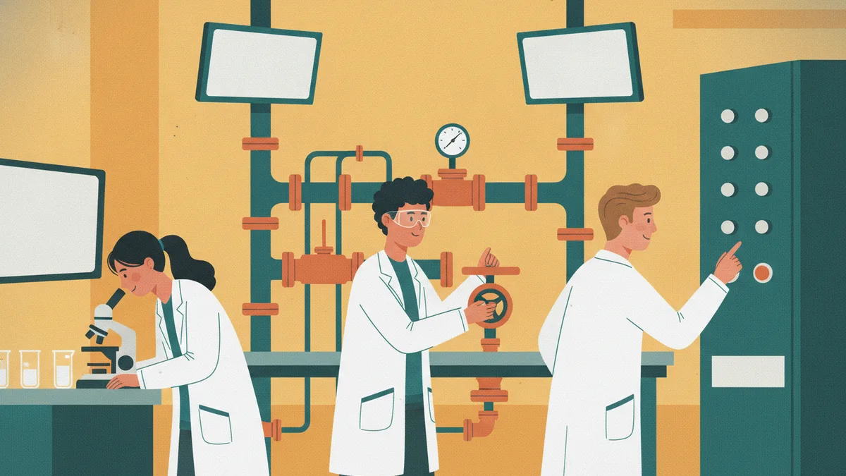 Illustration : une étudiante observe un échantillon au microscope, un étudiant en lunettes de protection règle une vanne sur un banc de tuyauteries, un troisième actionne une armoire de commande.