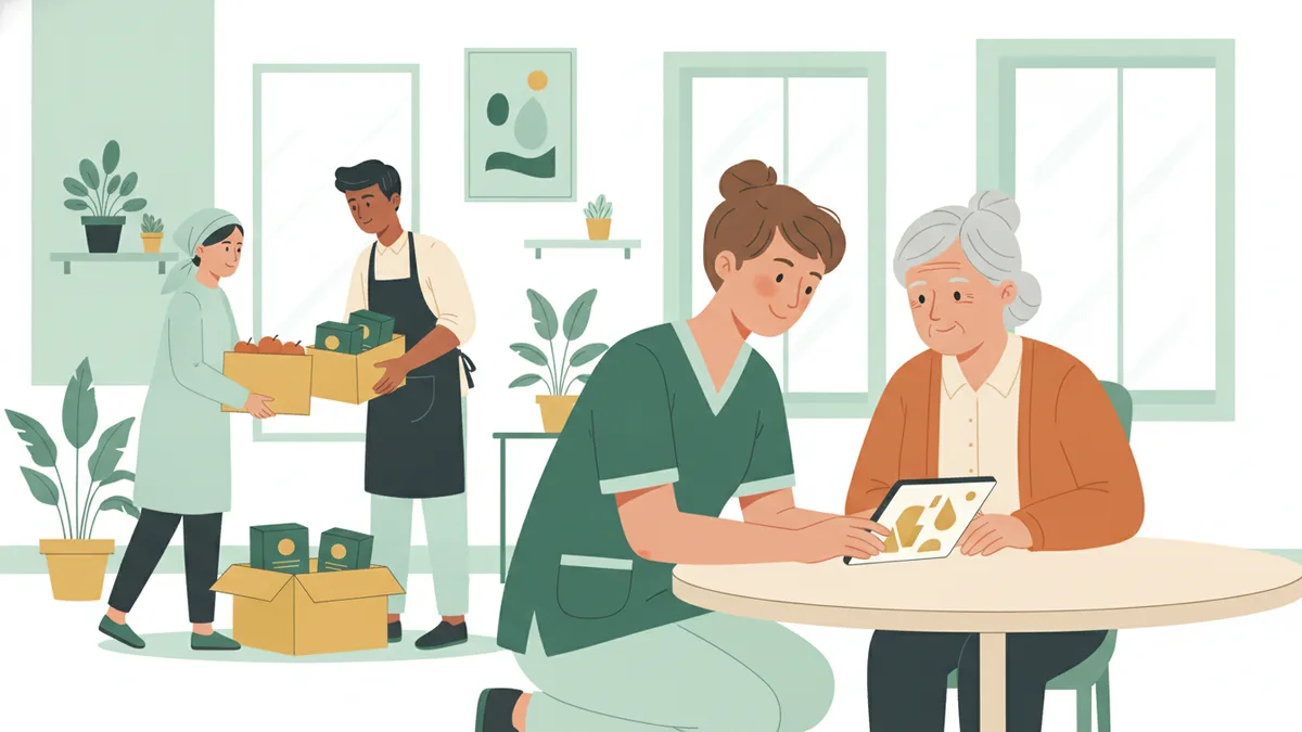 Illustration : une étudiante aide une dame âgée à utiliser une tablette, pendant que deux jeunes préparent des colis alimentaires au fond de la salle.
