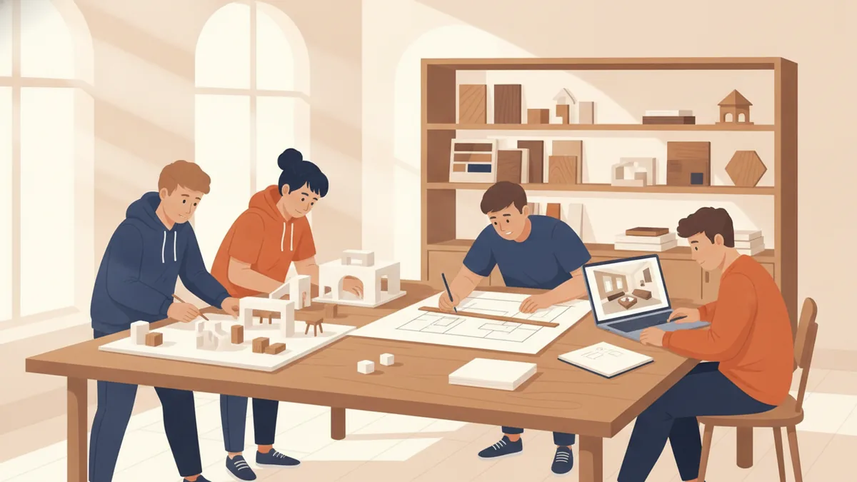 Dans un atelier lumineux, quatre étudiants autour d'une grande table en bois : deux construisent une maquette blanche d'aménagement intérieur, un troisième trace un plan à la règle, un quatrième modélise une pièce en 3D sur son ordinateur, devant des étagères d'échantillons de bois.