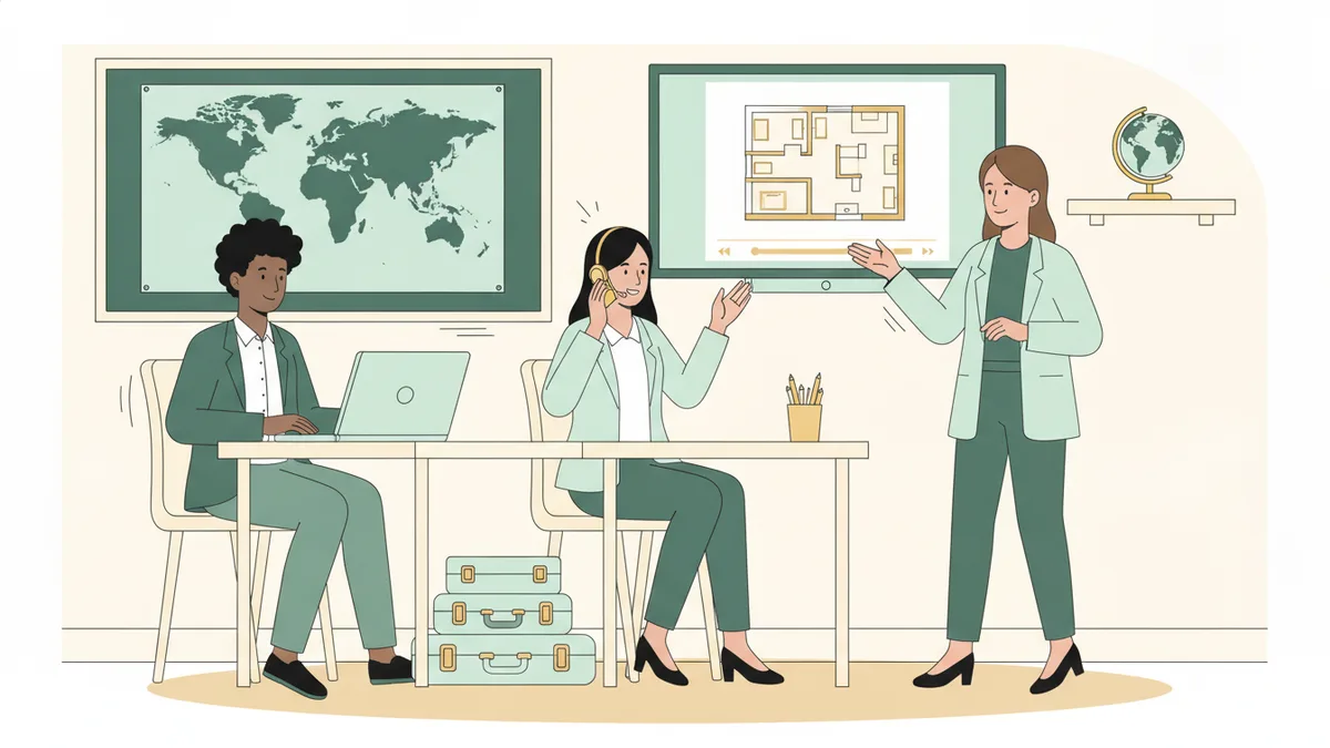 Illustration : trois étudiants de BTS au travail, l'un prépare un itinéraire sur ordinateur devant une carte du monde, une autre mène un appel commercial avec un casque, une troisième présente le plan d'un appartement.