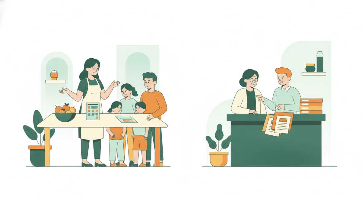 Illustration : une étudiante anime un atelier cuisine et budget avec une famille autour d'une table, pendant qu'un étudiant aide une dame âgée à remplir son dossier à un bureau d'accueil.