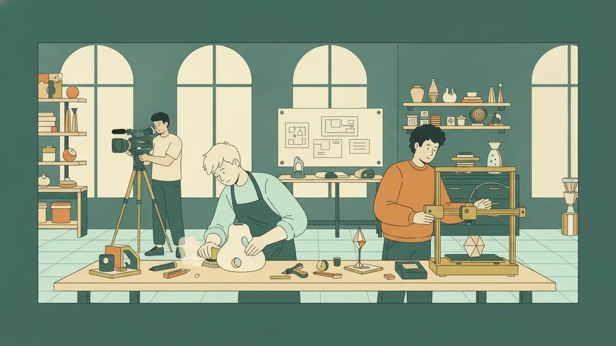 Illustration : dans un grand atelier lumineux, un étudiant ponce un prototype blanc, un autre surveille une imprimante 3D et un troisième filme la scène avec une caméra sur trépied.