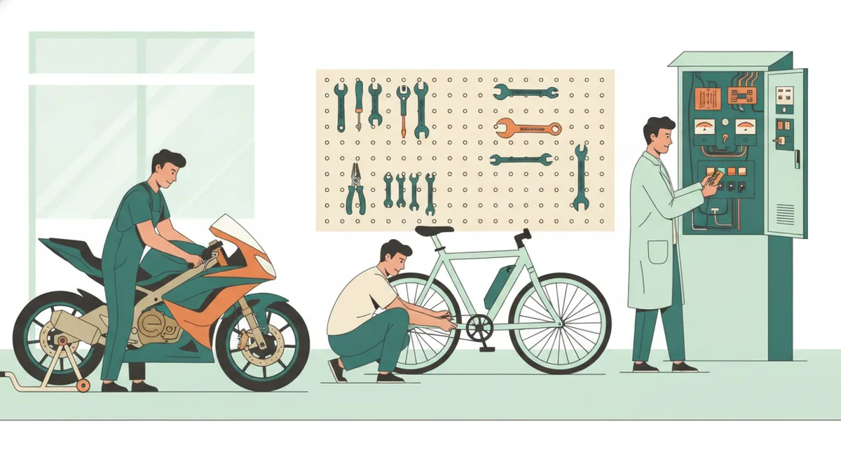 Illustration : dans un atelier, un élève règle une moto de course sur sa béquille, un autre ajuste la roue d'un vélo électrique, un troisième contrôle une armoire électrique.