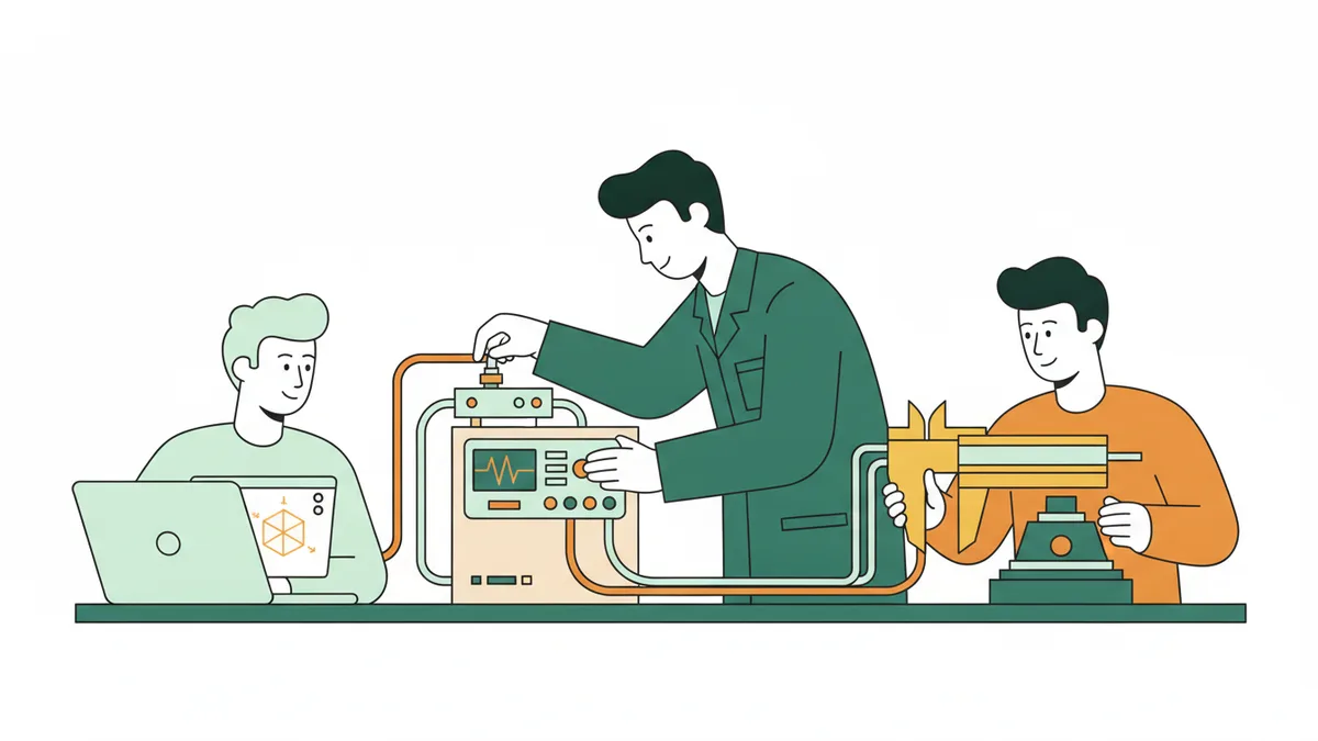 Illustration : trois étudiants en atelier, l'un règle un capteur sur un banc d'essai, l'autre vérifie une pièce 3D sur son ordinateur, le troisième mesure une pièce au pied à coulisse.