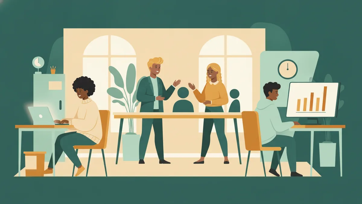 Illustration : une étudiante code sur un ordinateur portable, deux étudiants s'entraînent à une négociation commerciale, un autre analyse un graphique en barres sur un écran.