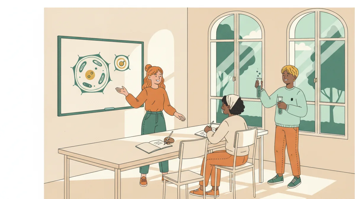 Illustration : une lycéenne présente un schéma de cellule au tableau pendant que deux camarades prennent des notes et qu'un troisième montre un tube à essai, dans une salle baignée de soleil.