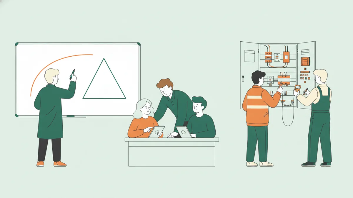 Illustration : un élève de prépa trace une courbe et un triangle au tableau, un enseignant aide deux étudiants à leur table, deux étudiants en tenue de travail testent une armoire électrique avec un multimètre.