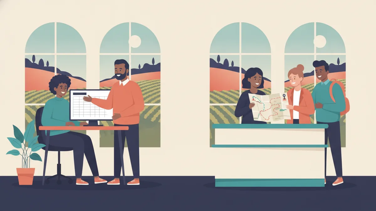 Illustration : une étudiante gère des tableaux de facturation aux côtés d'un chef d'entreprise, un autre groupe présente une carte de randonnées à des visiteurs, devant des fenêtres ouvertes sur les vignes.
