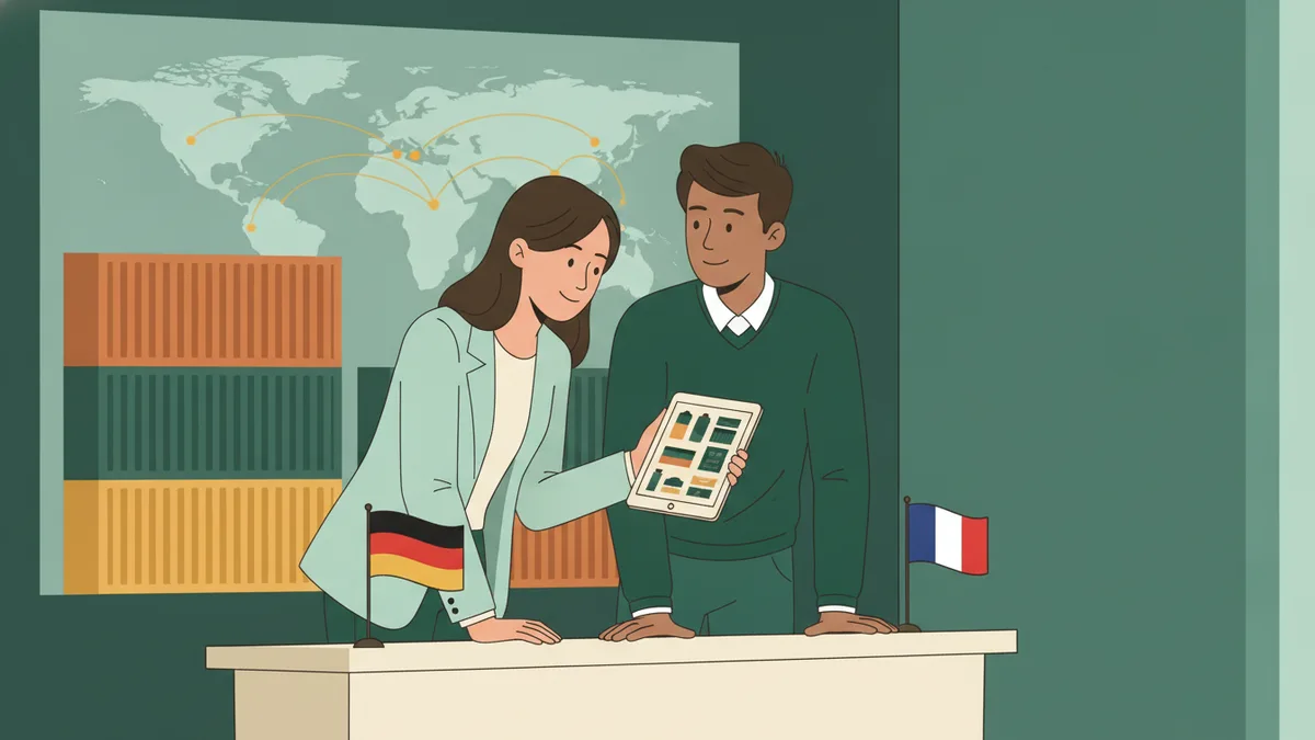 Illustration : deux étudiants présentent un catalogue sur tablette à un stand de salon, devant une carte du monde et des conteneurs, entre un drapeau allemand et un drapeau français.