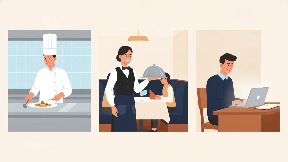 Illustration : un étudiant en veste de cuisinier dresse une assiette, une étudiante en gilet de service apporte un plat sous cloche, un troisième étudiant gère les réservations sur un ordinateur.
